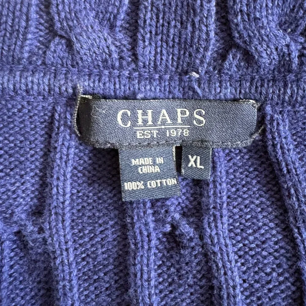 CHAPS Women's Sweater Blue Large Cable Knit Full Zip Up Cotton Grandmacore XL